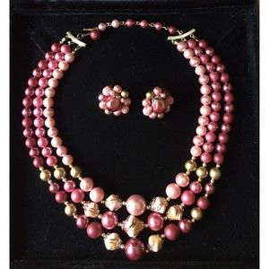 Signed Japan 3-Strand Pink Shades Bead Necklace with Clip On Earrings, Vintage